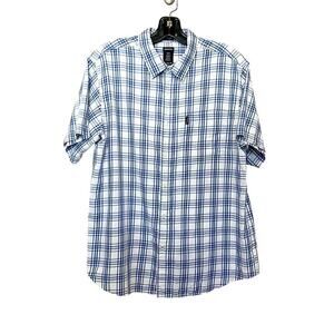Dickies Modern Fit Short Sleeve Blue White Windowpane Casual Button Up Size L